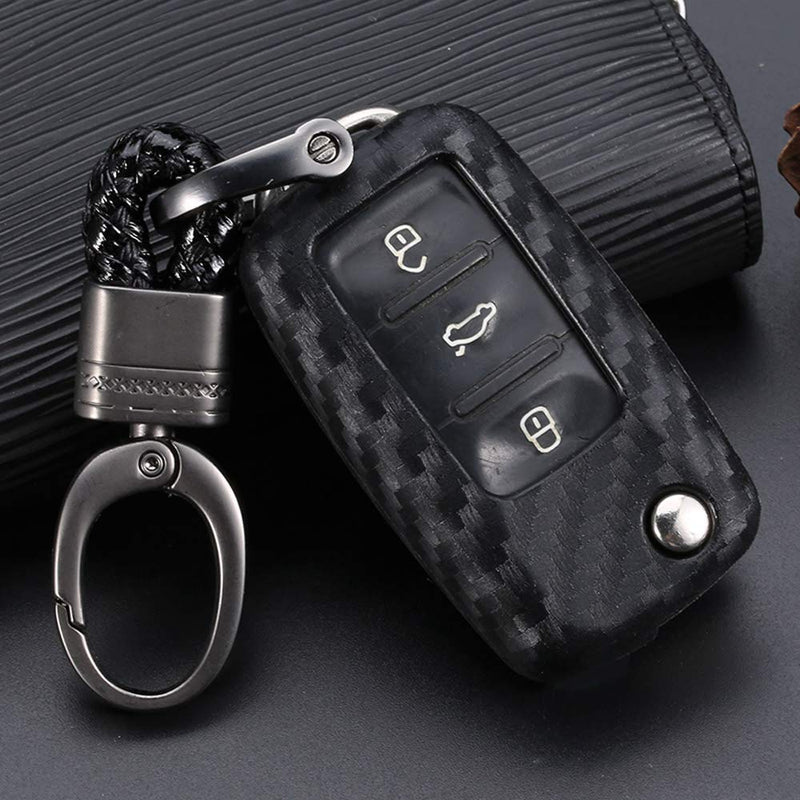 Royalfox(TM) Soft Black Silicone Carbon Fiber Smart keyless Remote Key Fob case Cover for VW Volkswagen Jetta GTI Passat Golf Bora Polo Tiguan Touareg Beetle Multivan Keychain (vw Old 3 Buttons Key) Vw Old 3 Buttons Key - LeoForward Australia
