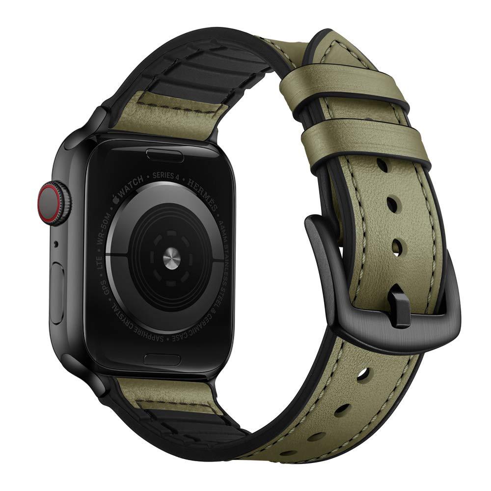 OUHENG Compatible with Apple Watch Band 44mm 42mm, Sweatproof Genuine Leather and Rubber Hybrid Band Strap Compatible with iWatch Series 6 5 4 3 2 1 SE, Army Green Band with Black Adapter Army Green/Black 42mm/44mm - LeoForward Australia