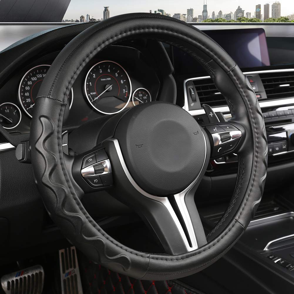 Black Panther Car Steering Wheel Cover with Wave Pattern Anti-Slip Design, 15 inch Universal - Black Line Wave Pattern - Black Line - LeoForward Australia