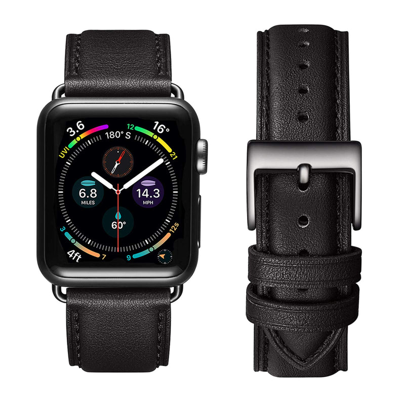 OMIU Square Bands Compatible for Apple Watch 38mm 40mm 42mm 44mm, Genuine Leather Replacement Band Compatible with Apple Watch Series 6/5/4/3/2/1, iWatch SE (Black/Black Connector, 38mm 40mm) Black Black Connector - LeoForward Australia