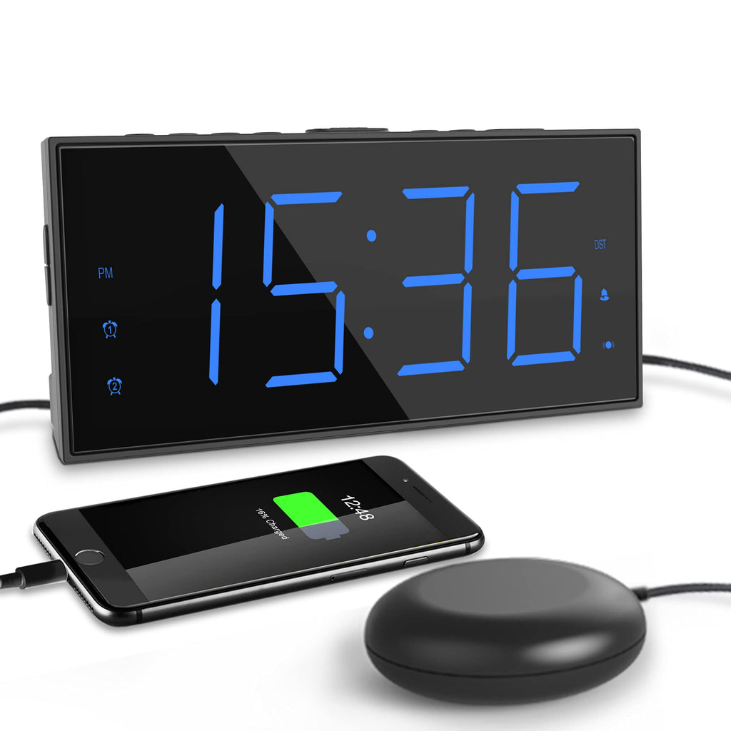 Extra Loud Alarm Clock with Bed Shaker 7.5" Large LED Display with 5 Brightness Dimmer Vibrating Dual Alarm Clock for Heavy Sleepers, Hard of Hearing and Deaf with USB Charger, Snooze, Battery Backup Blue Number Bed Shaker Clock - LeoForward Australia