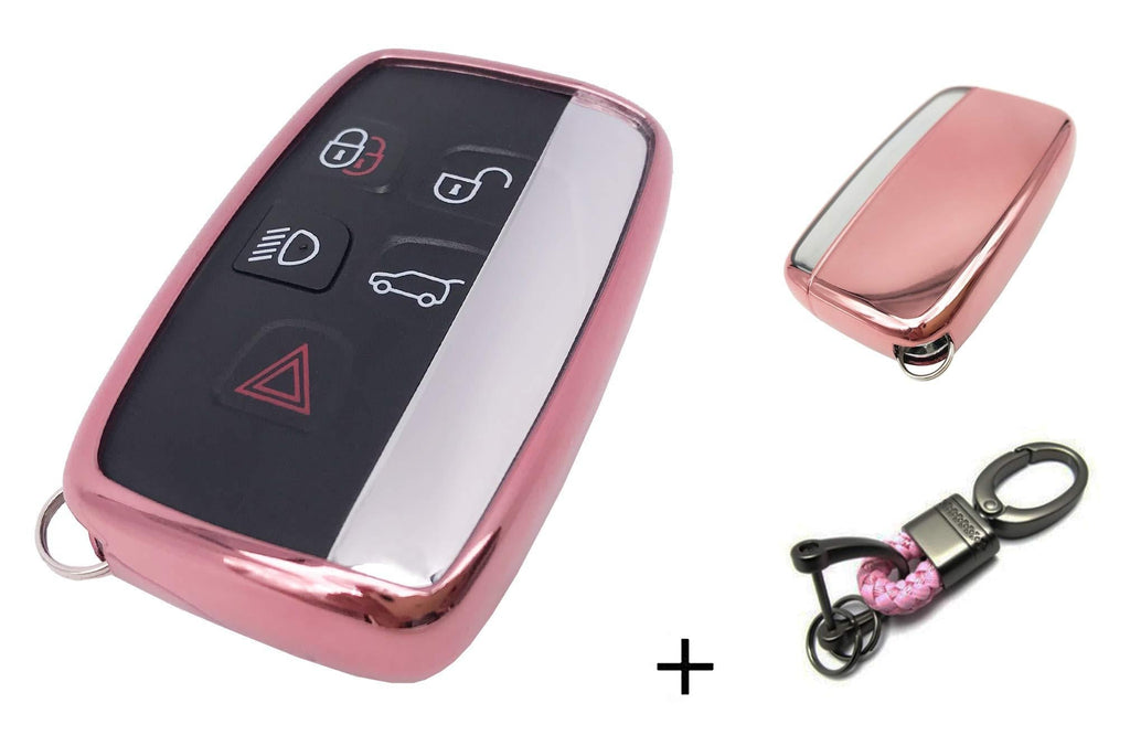 Soft TPU Key Fob Cover Case Fit for Range Rover Evoque Velar Discovery LR4 Land Rover Sport Jaguar XF XJ XE F-PACE F-Type 5 Buttons Fob Remote Holder Skin Jacket Protector + Keychain (Pink) Pink - LeoForward Australia