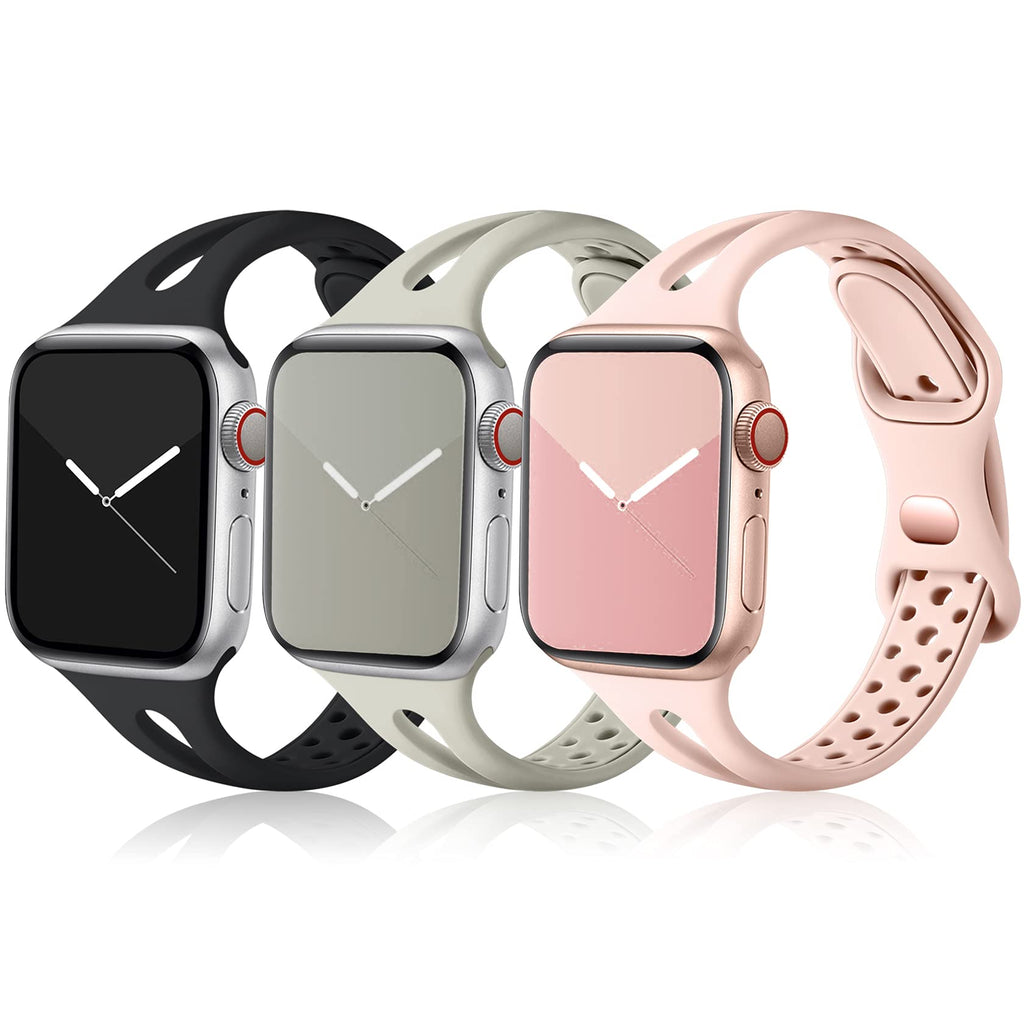Ouwegaga Compatible with Apple Watch Band 38mm 40mm, Soft Silicone Narrow Slim Sport Breathable iWatch Bands Replacement Strap for iWatch SE & Series 6 5 4 3 2 1 for Women Men, Black Gray Pink Black/Gray/Pink 38mm/40mm - LeoForward Australia