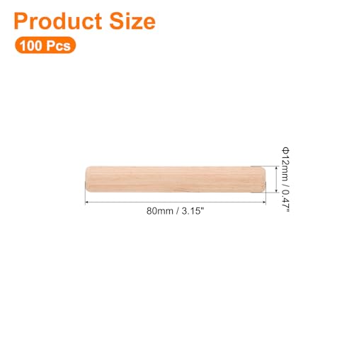 uxcell 100Pcs 1/2" x3-1/8 (12mmx80mm) Wooden Dowel Pins, Fluted Wood Beveled Ends Tapered Dowel Hardwood Pegs, Wood Dowels Rods for Furniture, DIY Crafts 1/2"x3-1/8" 100
