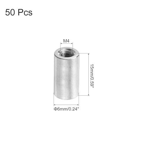uxcell M4x0.7mm Round Coupling Nuts, 50 Pcs Carbon Steel Connector Nuts Fasteners Rod Bar Stud 15mm for Industrial Construction Fasteners, Silver M4-0.7 x 15mm