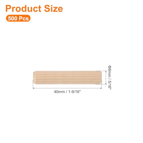 uxcell 500Pcs 1/3" x 1-4/7" Wooden Dowel Pins, Wood Dowels Rods, Furniture Woodworking Grooved Fluted Pin, Wooden Dowels Fluted for Craft, DIY Projects 8 x 40mm 500