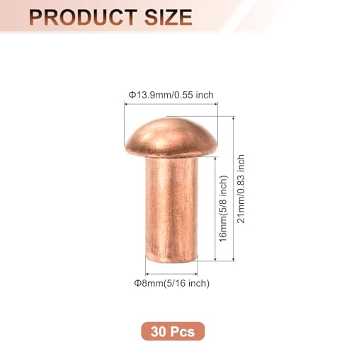 uxcell 30 Pcs Copper Solid Rivets, 5/16" x 5/8", Round Head, Copper Tone, Electrical Applications 5/16" x 5/8 "