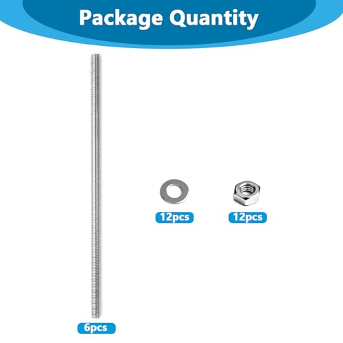 6pcs M10 x 200mm Fully Threaded Rod, 1.5mm Thread Pitch,304 Stainless Steel Right Hand Threads Rods, with Nuts and Flat Washer,for Clamps, Hangers and U-Bolts (M10 x 200mm)