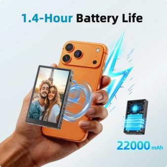 Selfie Monitor Screen Compatible with iPhone 17 and Below & Android, Magnetic Touchscreen Back 4K Camera Vlog Monitor, 2000mAh Battery, 3.5mm Jack, Selfie Screen for Vlog Live Stream TikTok YouTube Black
