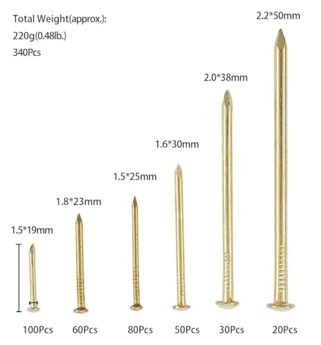 6 Sizes Gold Picture Hanging Nails Assortment Kit, 340Pcs Wall Hanging Set for Frame Art Photo, replacement Small Framing Nails Assorted Kit incl. iron Tweezer tool(Gold, Set2)