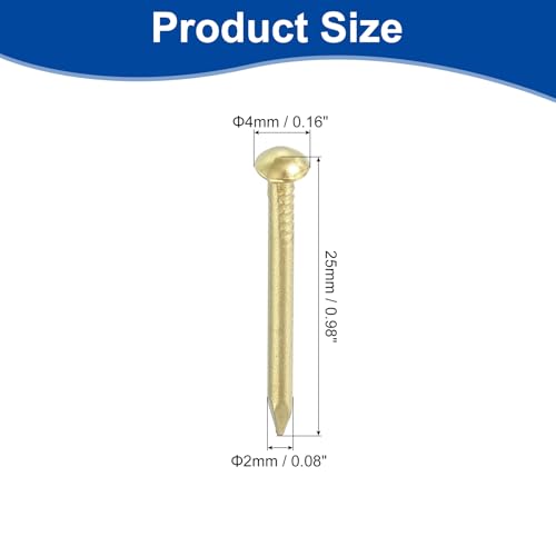 uxcell 100Pcs Small Hardware Nails, 2 x 25mm Brass Round Head Nail Common Finishing Nail for Household Woodworking Picture Hanging DIY Projects, Gold 100
