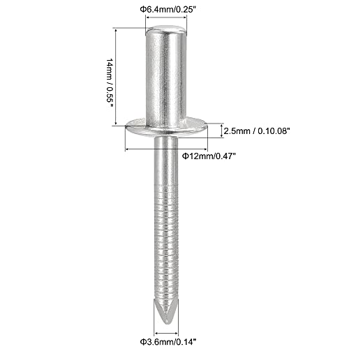 uxcell Blind Rivets, 304 Stainless Steel Pull Rivets Core Decoration Rivets 6.4mm Diameter 14mm Grip Length Close End Silver Tone, 25pcs 6.4mm x 14mm