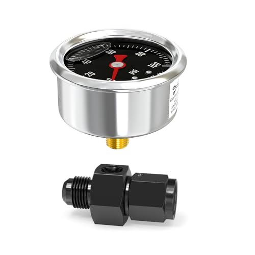 MEANLIN MEASURE 0~100Psi Black Stainless Steel Glycerin Filled Pressure Gauge 1/8" NPT 1.5" FACE DIAL, with 6AN Pressure Take Off Fitting, Liquid Filled Pressure Gauge WOG Water Oil Air Back Mount 0-100Psi (Black Dial)