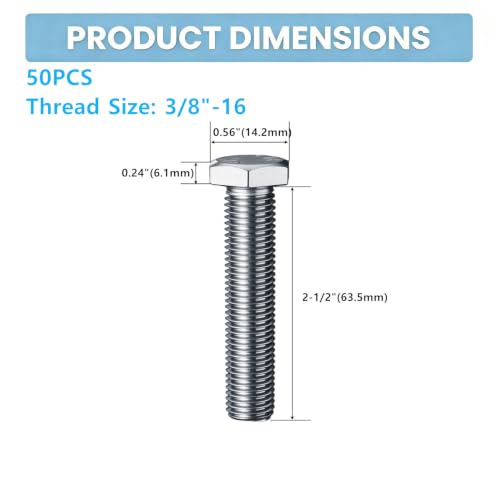 50Pcs 3/8-16 X 2-1/2" Hex Head Screw Bolt 3/8-16 x 2-1/2"