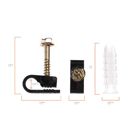 THE CIMPLE CO Ribbed Plastic Conical Wall Anchors and Cable Screw Clips 50 Pack With Black Clips