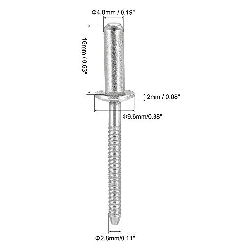 uxcell Blind Rivets, 304 Stainless Steel Pull Rivets Core Decoration Rivets 4.8mm Diameter 16mm Grip Length Close End Silver Tone, 50pcs 4.8mm x 16mm