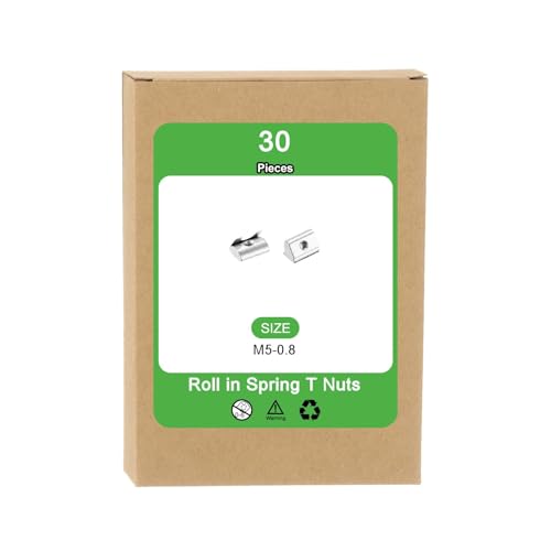uxcell 30Pcs M5 T Nuts Roll in Spring, T Nut with Spring Sheet Carbon Steel Nickel Plated for 4545 Series Slot Aluminum Profile M5-0.8x20x15x7.6mm 30