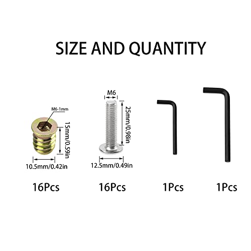 16 Sets M6x25 Furniture Screw Nut Threaded Wood Inserts Bolt Fastener Connector Hex Socket Drive M6x15 Screw-in Nuts (Pack of 2) One Size (Pack of 2)