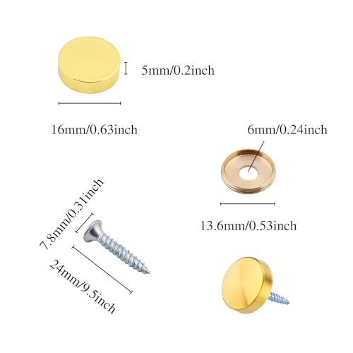 16 Set Brass Decorative Screws Caps Covers, Gold Decorative Screws with Caps 0.63"/16mm for Mirrors, Furniture, Signage, Advertising Hardware 16mm