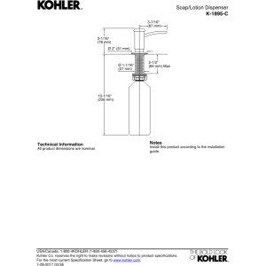 KOHLER 1895-C-CP Kitchen Sink Soap Dispenser with Contemporary Design, Store Liquid Soap, Dishwasher Liquid, or Hand Lotion, Polished Chrome, 16oz
