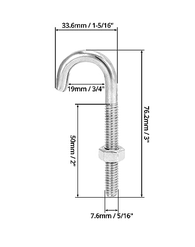 QWORK Steel J-Bolt 5/16" x 3" with Nut, 10 Pack Partial Thread Light Duty Anchor for Wood, Concrete & Metal Projects
