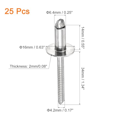 uxcell 25Pcs 1/4"x1/2" 304 Stainless Steel Large Flange Round Head Rivets, Large Cap Open End Blind Rivets for Construction, Automotive Manufacturing, Aerospace, Shipbuilding (Silver) 1/4"x1/2"