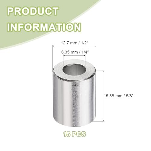uxcell 15Pcs Aluminum Spacer 1/2" OD x 1/4" ID x 5/8" Length Screw Standoff Bushing Plain Finish Unthreaded Round Metal Spacer for 1/4" ID Screws Bolts and Rods, Silver 5/8"