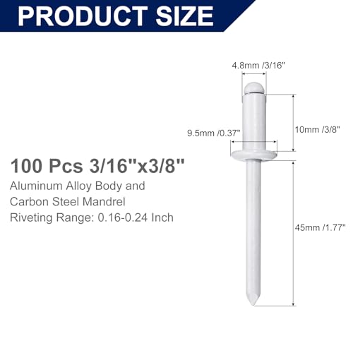 uxcell 100Pcs 3/16" x3/8" Aluminum Blind Rivets, Aluminum Grip and Steel Mandrel, Dome Head Long Split Rivets for Metal, Furniture, Automotive, White 3/16"x3/8" 100