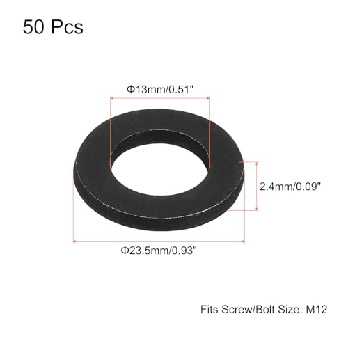 uxcell Carbon Steel Flat Washer Fits M12 Bolts, 50pcs M12 x 23.5 x 2.4mm Black Oxidized Grade 8.8 Alloy Steel Fasteners for Mechanical Industry M12x23.5x2.4mm 50