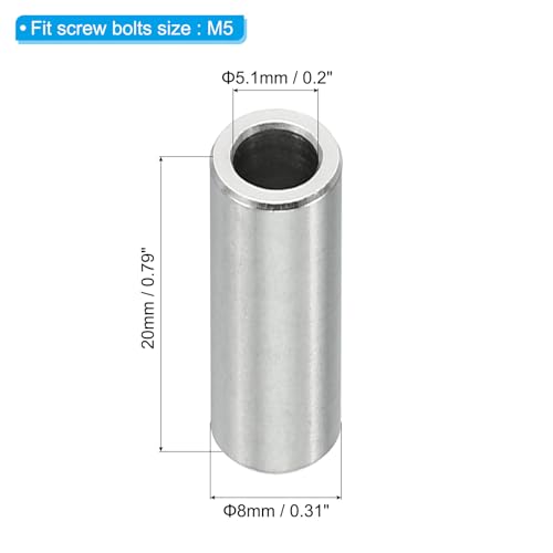 PATIKIL M5 Stainless Steel Spacers, 10 Pcs Metal Spacer Stainless Steel 5.1mm ID x 8mm OD x 20mm L Stainless Steel Spacer Screw Standoff Round for 1/5inch or M5 Screw Bolts