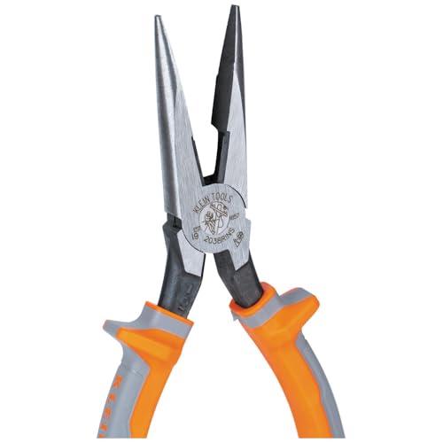 Klein Tools 2038RINS Pliers, Made in USA, Electrician's Insulated Long Nose Side-Cutting Pliers, 1000V Rated, Induction Hardened Knives, 8-Inch