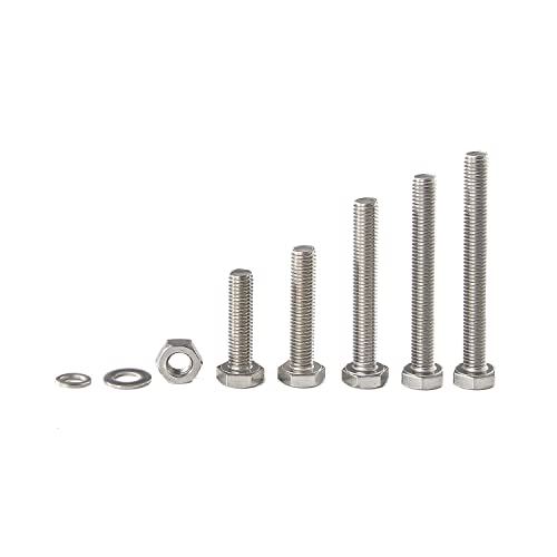 M6 Screws 20-80mm Hex Head Bolts Screws, Nuts, Flat & Lock Washers, Stainless Steel 304, Machine Fully Thread, Bright Finish, Assortment Kit 20Sets M6 Hex Bolts 20Set