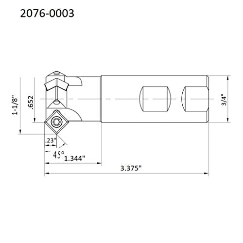 HHIP 2076-0003 45 Degree 2-Insert Index able Chamfering End Mill, 1-1/8" Cutting Diameter, 3/4" Shank, 3.35" OAL 1-1/4"