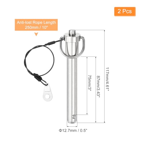 uxcell 2 Pcs Quick Release Pin, 1/2" x 3" (Dia. x L) Push-Button Ball Locking Pin, 304 Stainless Steel, Silver 1/2" x 3"