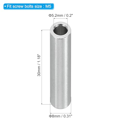 PATIKIL M5 Aluminum Spacers, 10 Pcs Metal Spacer Aluminum 5.2mm ID x 8mm OD x 30mm L Aluminum Spacer Screw Standoff Round for 1/5inch or M5 Screw Bolts 5.2x8x30 mm(ID*OD*L)