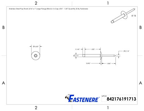 Fastenere Large Flange Pop Rivets - 3/16" x 1" (25 Pack) Heavy Duty, Stainless Steel Blind Rivets, Open End 6-16 Grip Range .876" - 1.00", Corrosion Resistant, High Tensile & Shear Strength 3/16" x 1" (6-16) (25 Pack)