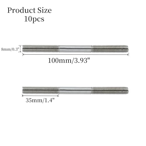 10 Pack M8 X 100 Double Ended Stud Long Screws Stainless Steel Dual Threaded Rod Bolts Hardware Accessories for Outdoor Maintenance Anchor Bolts Clamps