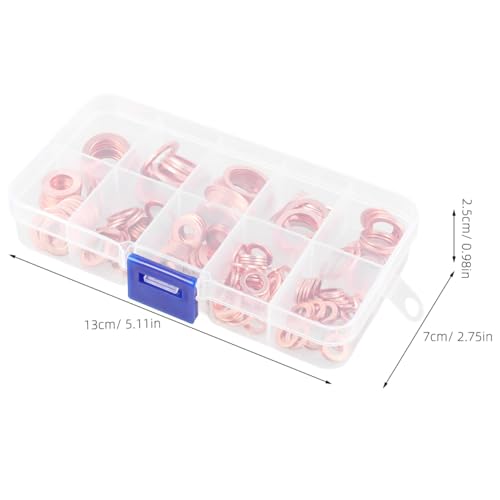 PRETYZOOM Copper Crush Washer Assortment 200Pcs Flat Sealing Washers for Oil Drain Plug Gasket Kit M5 to 14 Sizes with Leak-Resistant O-Ring Design in Storage Box