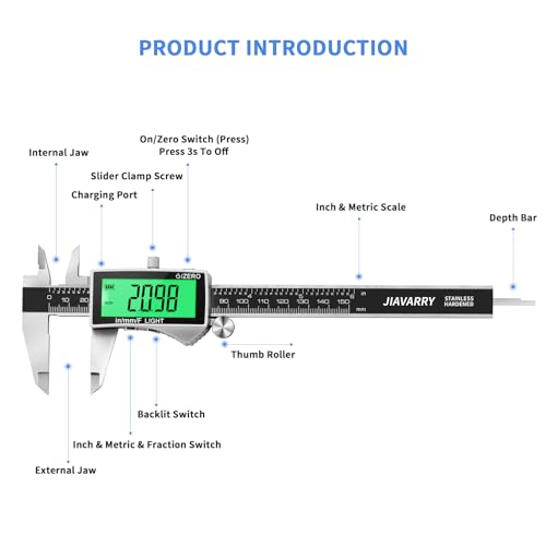 Digital Caliper, Rechargeable Calipers Measuring Tool with Large LCD Backlight Screen, 6 Inch Stainless Steel Vernier Micrometer, Auto-Off, Easy Switch from Inch Metric Fraction for DIY/Household