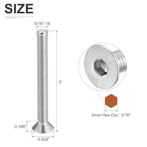 DTGN 5/16-18 x 3" Flat Head Socket Cap Screws, 25 Pack 304 Stainless Steel Hex Socket Flat Head Screws, Full Thread, Countersunk Bolts