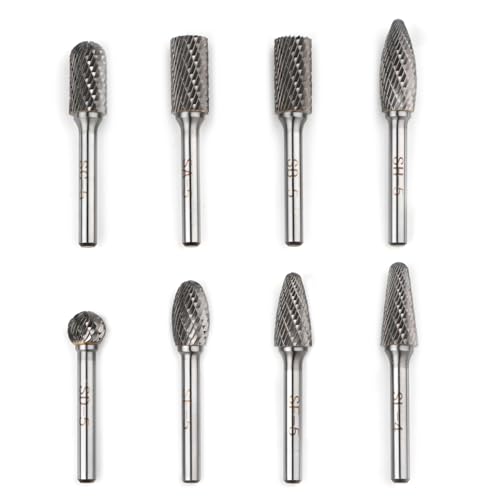 8PCS Carbide Burr Set 1/4" Shank, Double Cut Tungsten Carbide Rotary Tool Attachment Kit Rasp Accessories for Die Grinder Metal Wood Carving, Engraving, Polishing, Deburring 8PCS(Double Cut 2)
