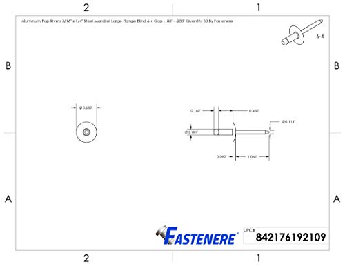 Fastenere Large Flange Pop Rivets - 3/16" x 1/4" (50 Pack) Aluminum Body Steel Mandrel, Heavy Duty Dome Head Blind Rivets, Open End 6-4 Gap .188" - .250" - Corrosion Resistant, High Shear Strength 3/16" x 1/4" (6-4) (50 Pack)