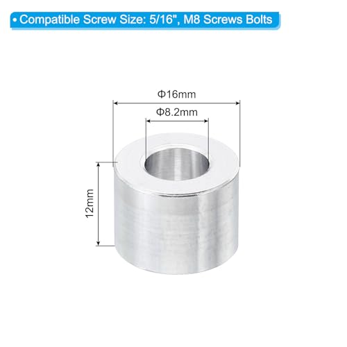 PATIKIL M8 Aluminum Spacers, 10 Pcs Metal Spacer Aluminum 8.2mm ID x 16mm OD x 12mm L Aluminum Spacer Screw Standoff Round for 5/16" or M8 Screw Bolts