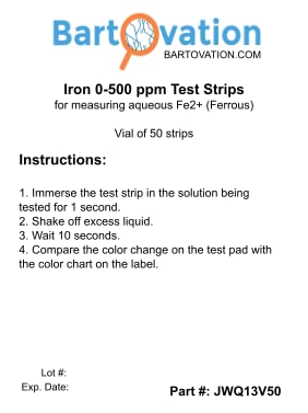 Bartovation Iron Test Strips, 0-500 ppm, for Aqueous Fe2+ Ferrous, 50-Pack | 50 Strips for Water Quality Samples, NOT for the Human Testing