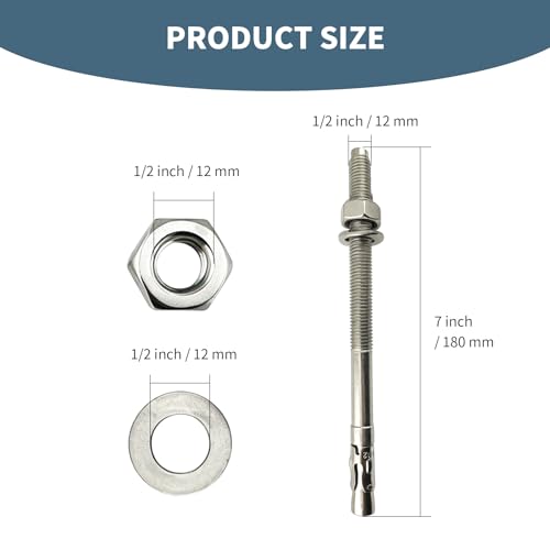 1/2"x7"304 Stainless Steel Wedge Concrete Anchors, Heavy Duty Expansion Bolts, Anti-Rust Masonry Fasteners Complete Kit with Screws Nuts Washers, 5 Pack 1/2x7" Stainless Steel 304
