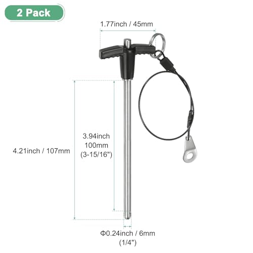 M METERXITY 2-Pack T Handle Lock Pins, 1/4"(6mm) Dia. 3-15/16"(100mm) Usage Length Push-Button Quick Release Locking Pins W Lanyard Cable for Speaker/Aviation/Gym/Machine [304 Stainless Steel] 1/4" x 3-15/16"