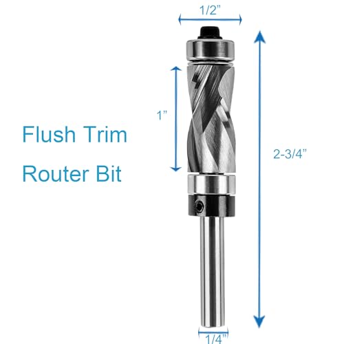 Compression Flush Trim Router Bit 1/4" Shank 1/2" Cutting Diameter 1" Cutting Length Top & Bottom Bearings Industrial Grade Solid Carbide Flush Trim Router Bit for Woodworking 1/4" Shank 1/2" Cutting Dia-1"CL