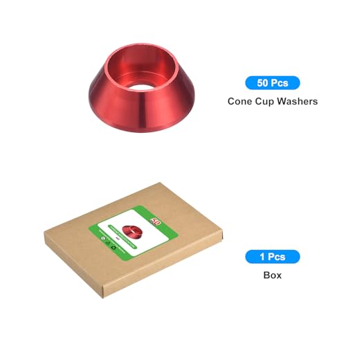 uxcell M5 Cone Cup Countersunk Washers, 50 Pcs Anodized Aluminum Gaskets Cup Head Washer Gasket, Cup Screw Counterbore Gasket for Mechanical Accessories Parts, Red