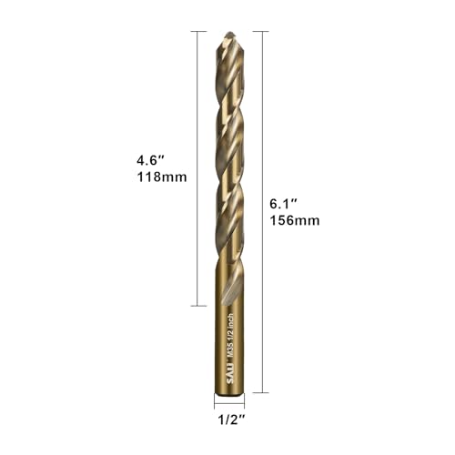 SALI Cobalt Drill Bit Set, 5Pcs 1/2" M35 High Speed Steel Jobber Length Drill Bit Kit for Hardened Metal, Stainless Steel, Cast Iron, Wood and Plastic, with Index Storage Case 1/2 Inch 5