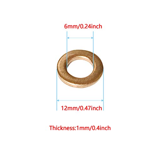 Copper Washer Assortment,100Pcs M6 Copper Metric Sealing Washers Kit,Flat Washers Assortment Set(6x12x1mm) 6x12x1mm
